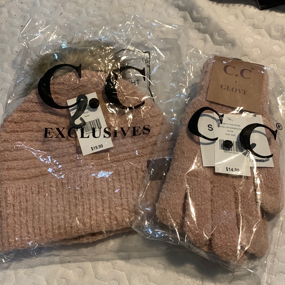 CC pompom hat and matching gloves